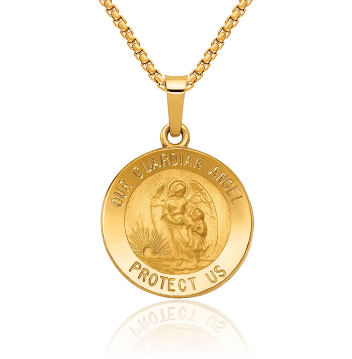 14K Solid Yellow Gold Our Guardian Angel Wings Medal Necklace Protect Us Cherub Pendant Religious Charm