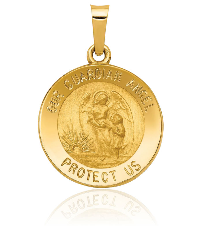 14K Solid Yellow Gold Our Guardian Angel Wings Medal Necklace Protect Us Cherub Pendant Religious Charm