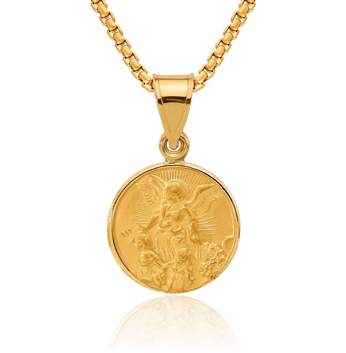 14K Solid Yellow Gold Our Guardian Angel Wings Medal Necklace Protect Us Cherub Pendant Religious Charm