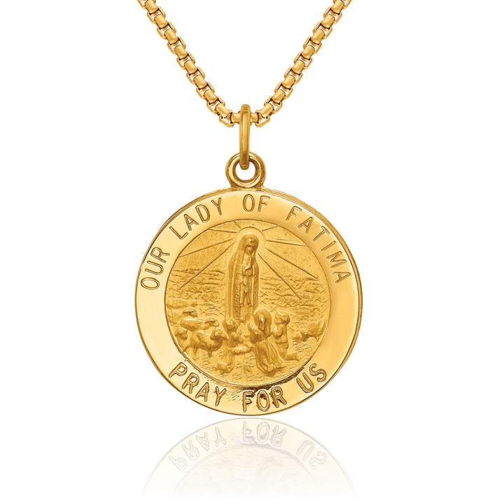 14K Solid Yellow Gold Our Lady of Fatima Medal Necklace Chain Pendant Charm