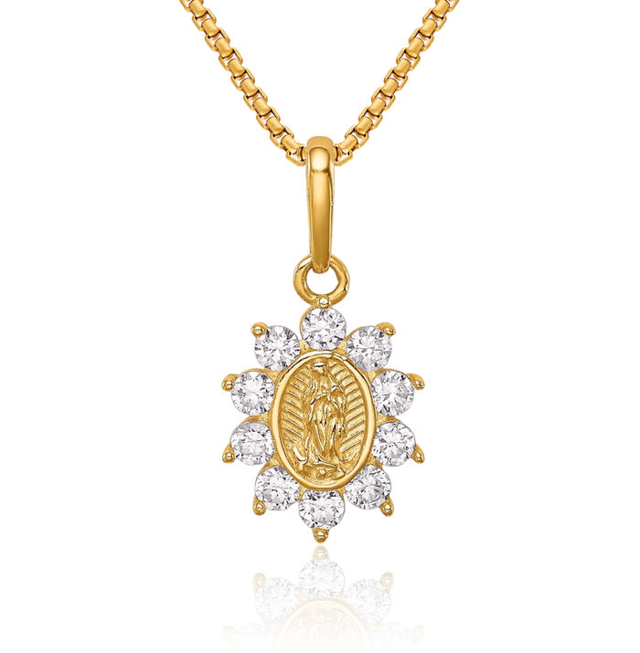 14K Solid Yellow Gold Our Lady of Guadalupe Virgin Mary Cubic Zirconia CZ Necklace Virgencita Maria Rosa Pendant Catholic Christian Holy Mother Medallion Charm