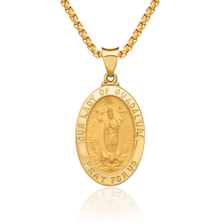 14K Solid Yellow Gold Our Lady of Guadalupe Virgin Mary Medal Necklace Virgencita Maria Rosa Pendant Catholic Christian Holy Mother Medallion Charm