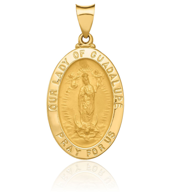 14K Solid Yellow Gold Our Lady of Guadalupe Virgin Mary Medal Necklace Virgencita Maria Rosa Pendant Catholic Christian Holy Mother Medallion Charm