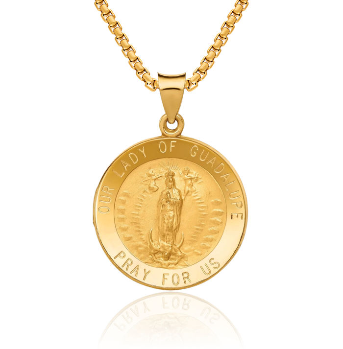 14K Solid Yellow Gold Our Lady of Guadalupe Virgin Mary Medal Necklace Virgencita Maria Rosa Pendant Catholic Christian Holy Mother Medallion Charm