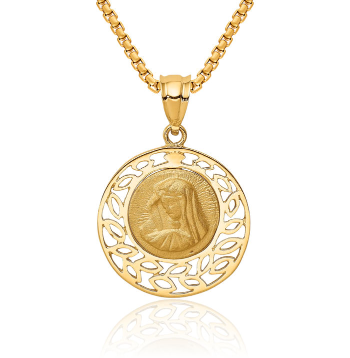 14K Solid Yellow Gold Our Lady of Guadalupe Virgin Mary Necklace Virgencita Maria Rosa Pendant Catholic Christian Holy Mother Medallion Charm