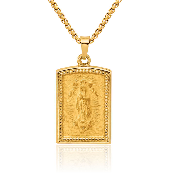 14K Solid Yellow Gold Rectangular Our Lady of Guadalupe Virgin Mary Medal Necklace Virgencita Maria Rosa Pendant Catholic Christian Holy Mother Medallion Charm