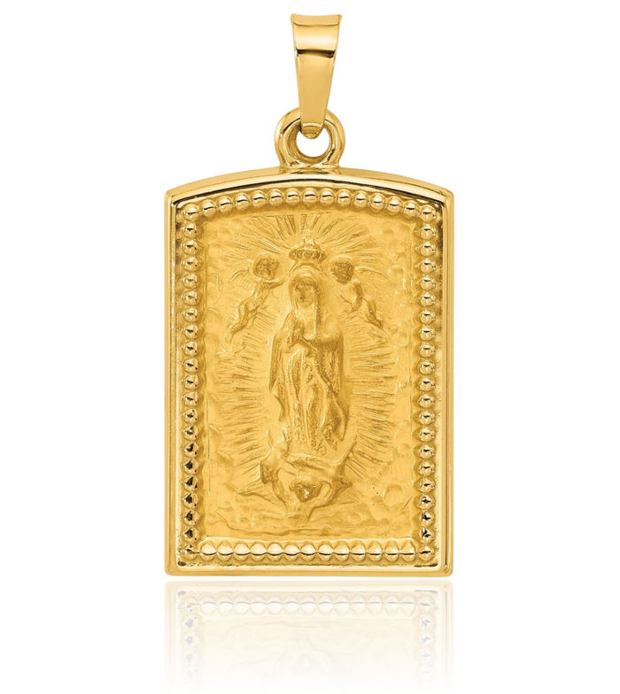 14K Solid Yellow Gold Rectangular Our Lady of Guadalupe Virgin Mary Medal Necklace Virgencita Maria Rosa Pendant Catholic Christian Holy Mother Medallion Charm