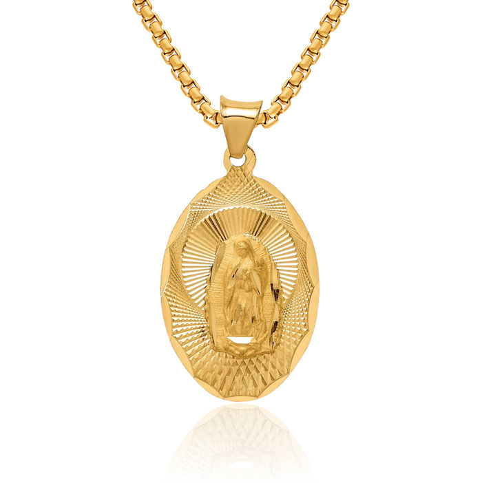 14K Solid Yellow Gold Our Lady of Guadalupe Virgin Mary Oval Necklace Virgencita Maria Rosa Pendant Catholic Christian Holy Mother Medallion Charm