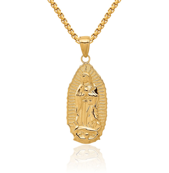 14K Solid Yellow Gold Our Lady of Guadalupe Virgin Mary Oval Disc Necklace Virgencita Maria Rosa Pendant Catholic Christian Holy Mother Medallion Charm