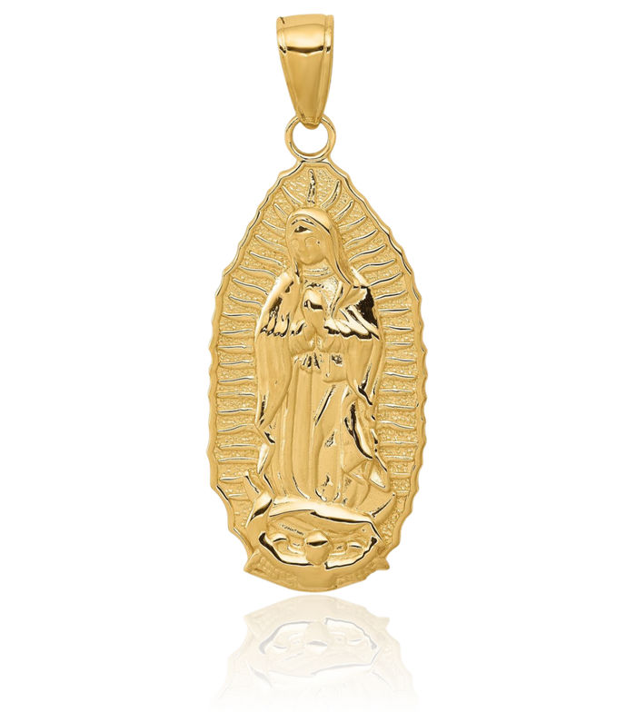 14K Solid Yellow Gold Our Lady of Guadalupe Virgin Mary Oval Disc Necklace Virgencita Maria Rosa Pendant Catholic Christian Holy Mother Medallion Charm