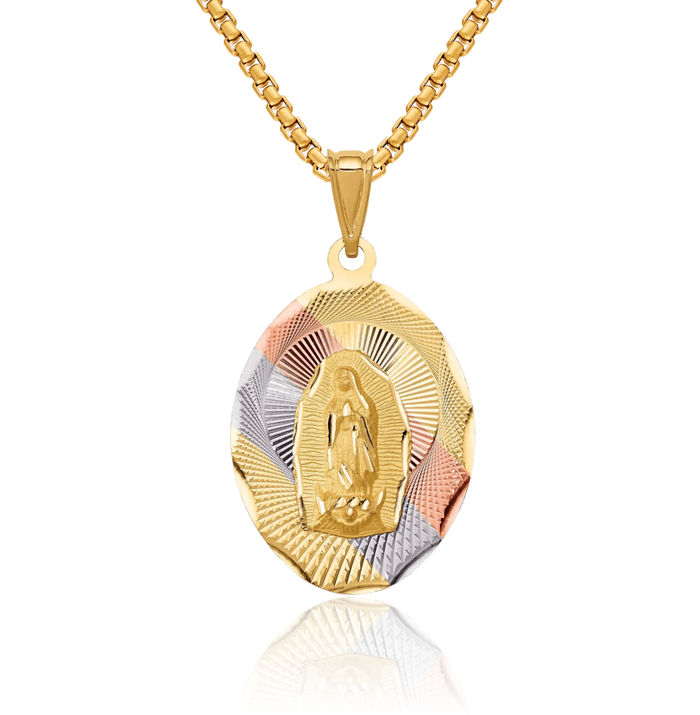 14K Solid Yellow Gold Our Lady of Guadalupe Virgin Mary Oval Necklace Virgencita Maria Rosa Pendant Catholic Christian Holy Mother Medallion Charm