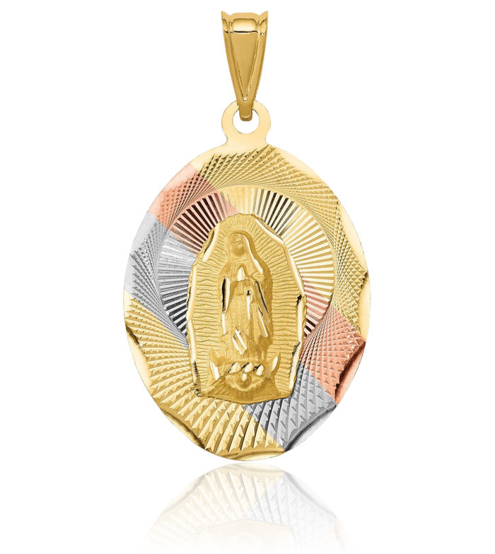 14K Solid Yellow Gold Our Lady of Guadalupe Virgin Mary Oval Necklace Virgencita Maria Rosa Pendant Catholic Christian Holy Mother Medallion Charm