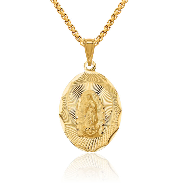 14K Solid Yellow Gold Our Lady of Guadalupe Virgin Mary Oval Necklace Virgencita Maria Rosa Pendant Catholic Christian Holy Mother Medallion Charm