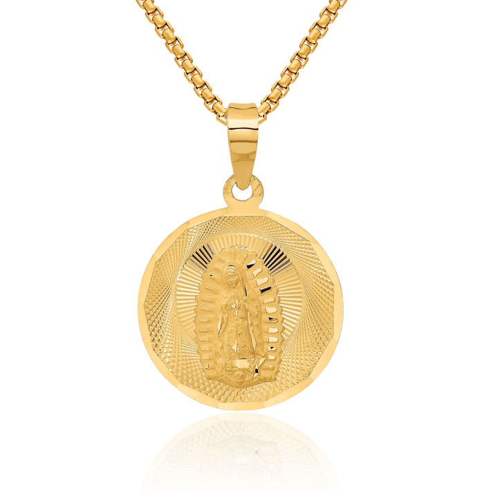 14K Solid Yellow Gold Our Lady of Guadalupe Virgin Mary Circle Round Necklace Virgencita Maria Rosa Pendant Catholic Christian Holy Mother Medallion Charm