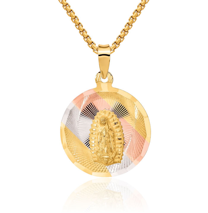 14K Solid Yellow Gold Our Lady of Guadalupe Virgin Mary Circle Round Necklace Virgencita Maria Rosa Pendant Catholic Christian Holy Mother Medallion Charm