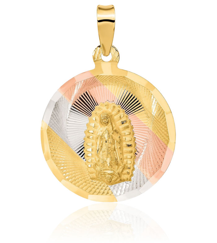 14K Solid Yellow Gold Our Lady of Guadalupe Virgin Mary Circle Round Necklace Virgencita Maria Rosa Pendant Catholic Christian Holy Mother Medallion Charm