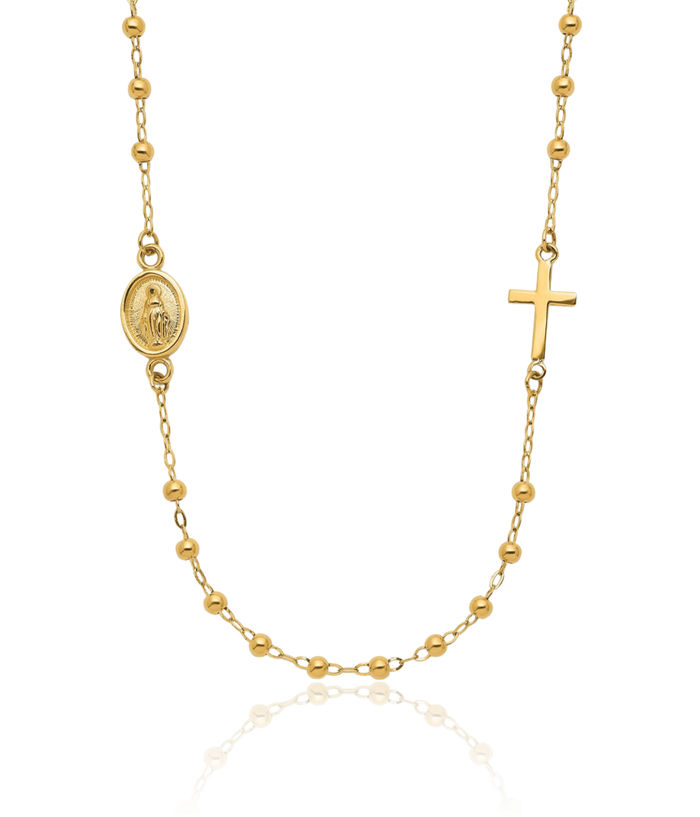 14K Solid Yellow Gold Our Lady of Miraculous Medal Blessed Virgin Mary Holy Cross Rosary Bead Chain Necklace