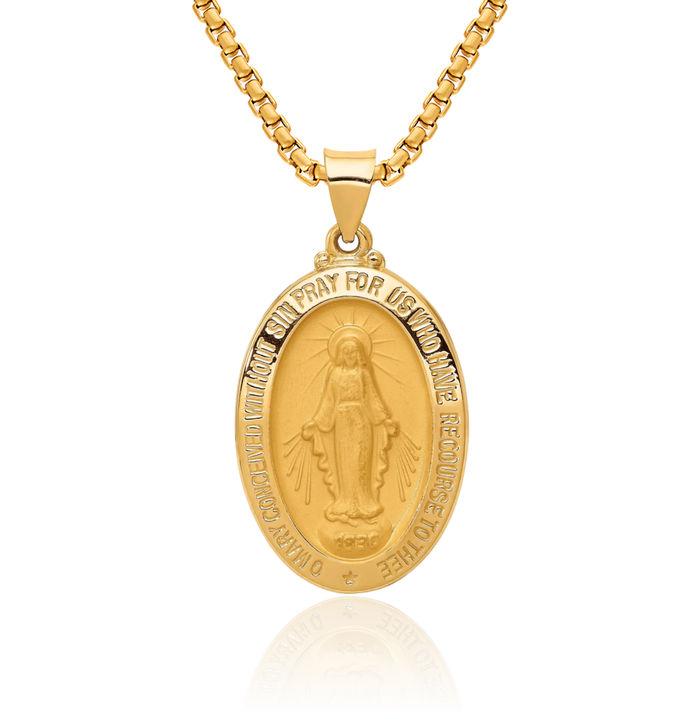 14K Solid Yellow Gold Our Lady of Miraculous Medal Blessed Virgin Mary Necklace Chain Pendant Charm