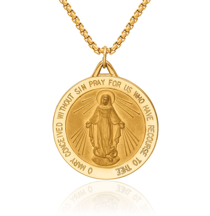 14K Solid Yellow Gold Our Lady of Miraculous Medal Blessed Virgin Mary Necklace Chain Pendant Charm