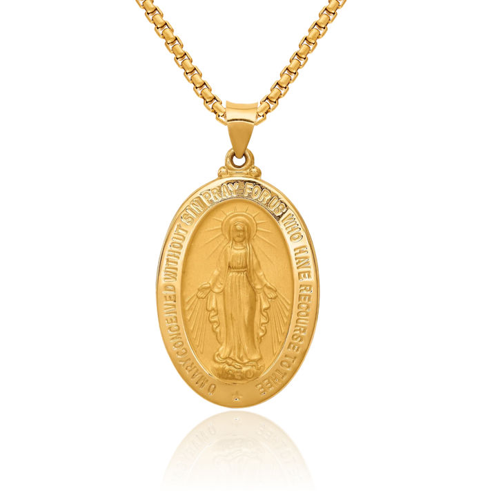 14K Solid Yellow Gold Our Lady of Miraculous Medal Blessed Virgin Mary Necklace Chain Pendant Charm