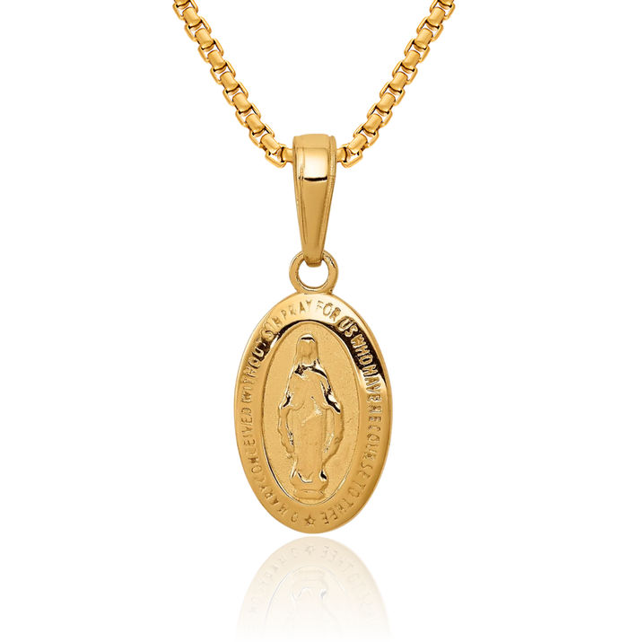 14K Solid Yellow Gold Our Lady of Miraculous Medal Blessed Virgin Mary Necklace Chain Pendant Charm