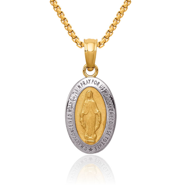 14K Solid Yellow Gold Our Lady of Miraculous Medal Blessed Virgin Mary Necklace Chain Pendant Charm