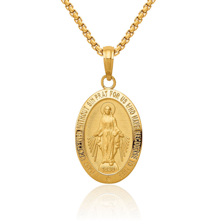 14K Solid Yellow Gold Our Lady of Miraculous Medal Blessed Virgin Mary Necklace Chain Pendant Charm