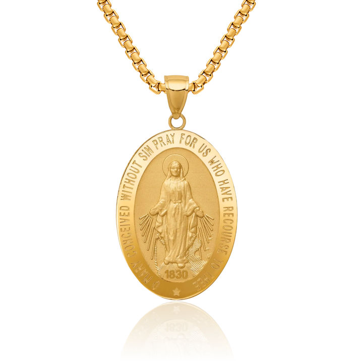 14K Solid Yellow Gold Our Lady of Miraculous Medal Blessed Virgin Mary Necklace Chain Pendant Charm