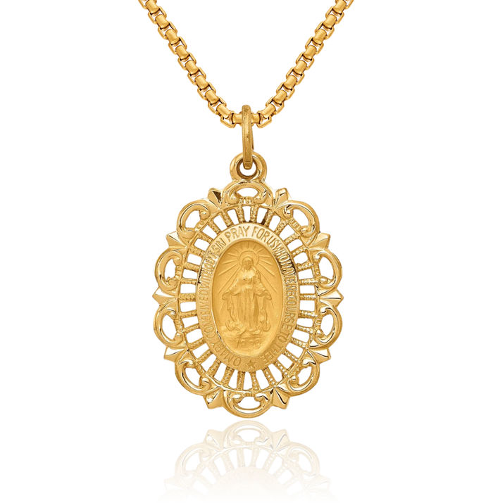 14K Solid Yellow Gold Our Lady of Miraculous Medal Blessed Virgin Mary Necklace Chain Pendant Charm