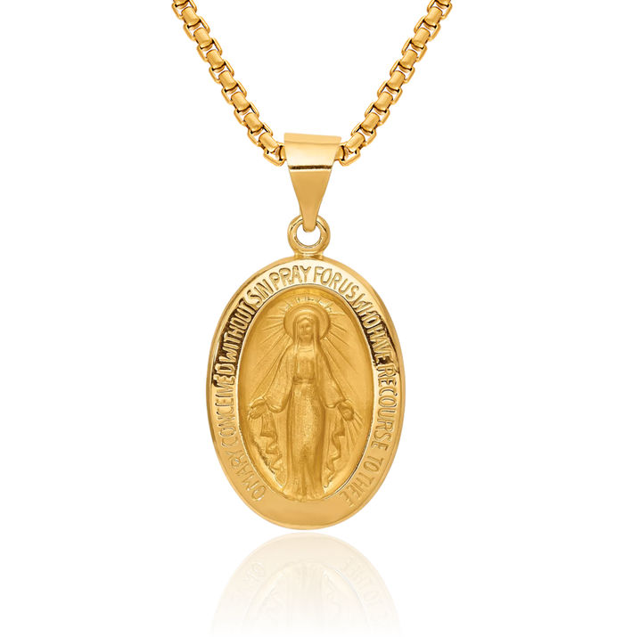 14K Solid Yellow Gold Our Lady of Miraculous Medal Blessed Virgin Mary Necklace Chain Pendant Charm