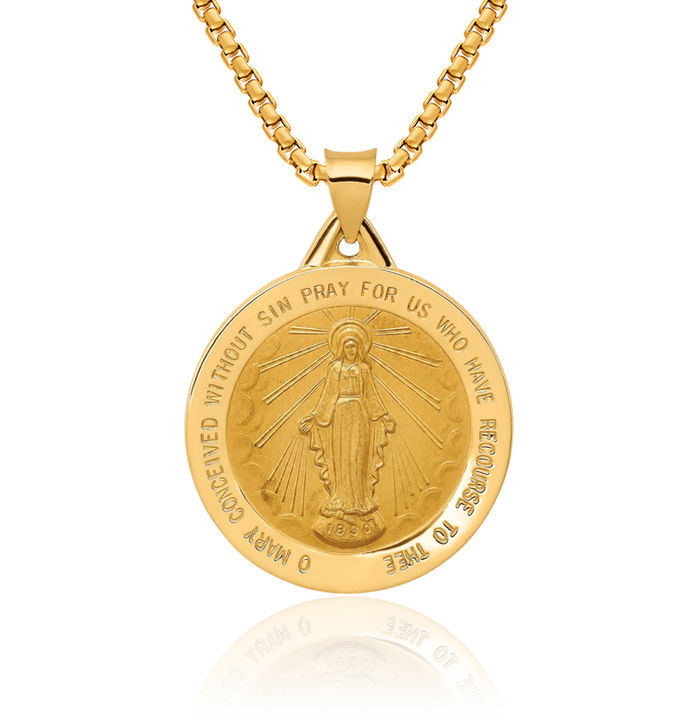 14K Solid Yellow Gold Our Lady of Miraculous Medal Blessed Virgin Mary Necklace Chain Pendant Charm