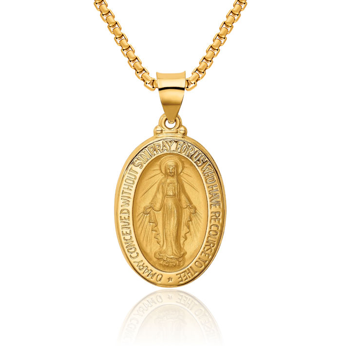 14K Solid Yellow Gold Our Lady of Miraculous Medal Blessed Virgin Mary Necklace Chain Pendant Charm