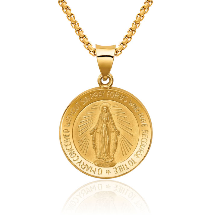 14K Solid Yellow Gold Our Lady of Miraculous Medal Blessed Virgin Mary Necklace Chain Pendant Charm