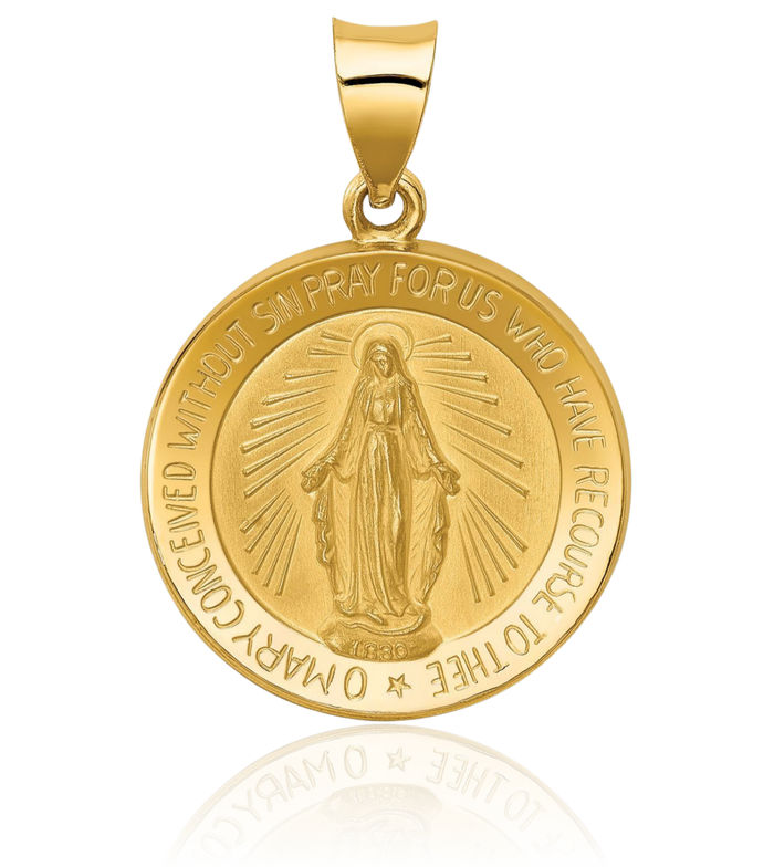 14K Solid Yellow Gold Our Lady of Miraculous Medal Blessed Virgin Mary Necklace Chain Pendant Charm