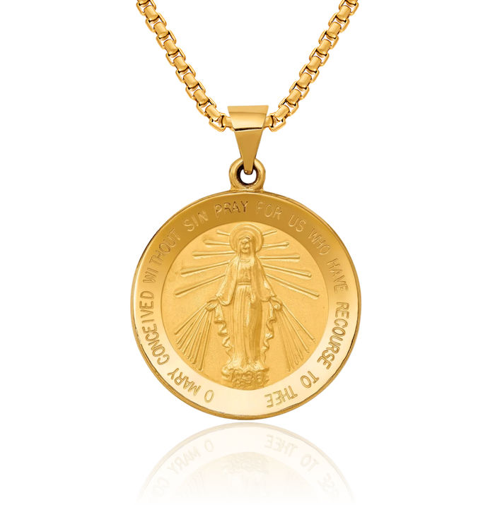 14K Solid Yellow Gold Our Lady of Miraculous Medal Blessed Virgin Mary Necklace Chain Pendant Charm