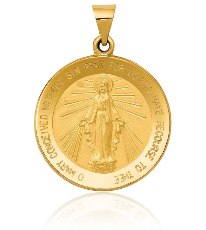 14K Solid Yellow Gold Our Lady of Miraculous Medal Blessed Virgin Mary Necklace Chain Pendant Charm