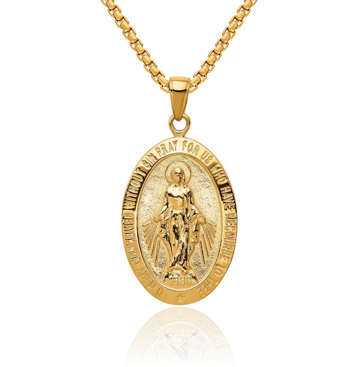 14K Solid Yellow Gold Our Lady of Miraculous Medal Blessed Virgin Mary Necklace Chain Pendant Charm