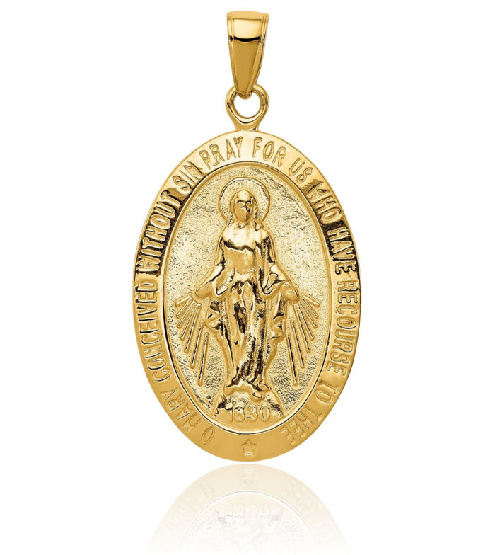 14K Solid Yellow Gold Our Lady of Miraculous Medal Blessed Virgin Mary Necklace Chain Pendant Charm