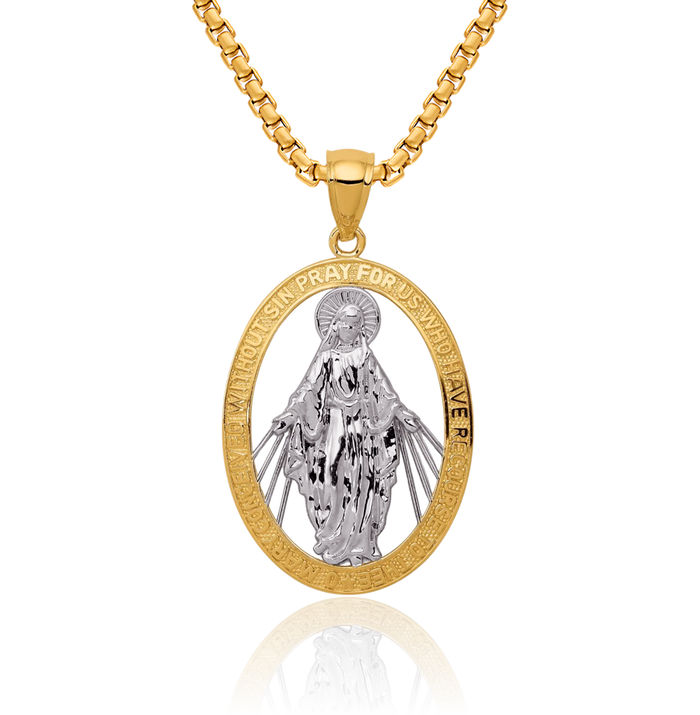 14K Solid Yellow Gold Our Lady of Miraculous Medal Blessed Virgin Mary Necklace Chain Pendant Charm