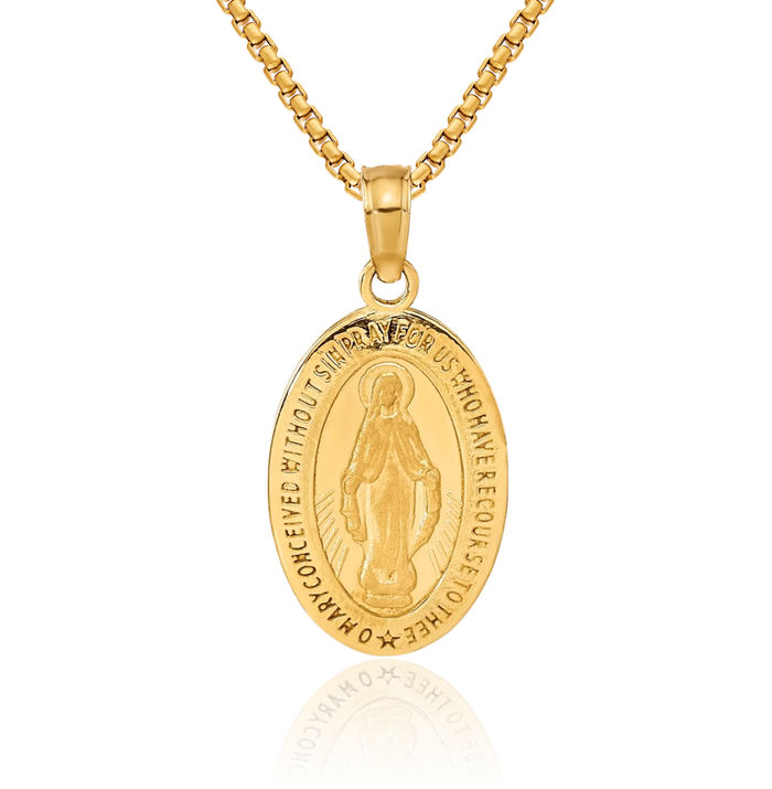 14K Solid Yellow Gold Our Lady of Miraculous Medal Blessed Virgin Mary Necklace Chain Pendant Charm