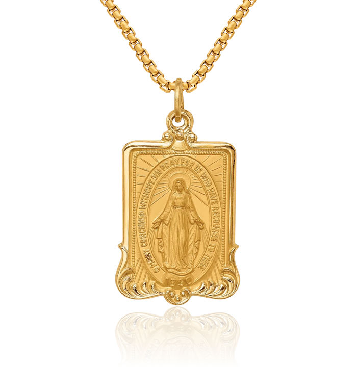 14K Solid Yellow Gold Our Lady of Miraculous Medal Blessed Virgin Mary Necklace Chain Pendant Charm