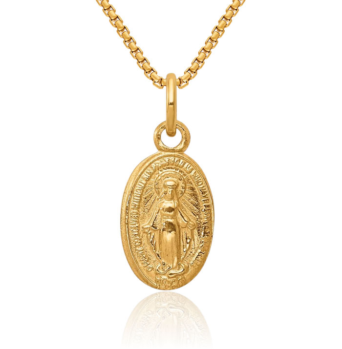 14K Solid Yellow Gold Our Lady of Miraculous Medal Blessed Virgin Mary Necklace Chain Pendant Charm