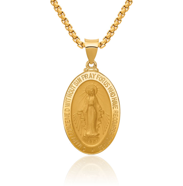 14K Solid Yellow Gold Our Lady of Miraculous Medal Blessed Virgin Mary Oval Necklace Chain Pendant Charm