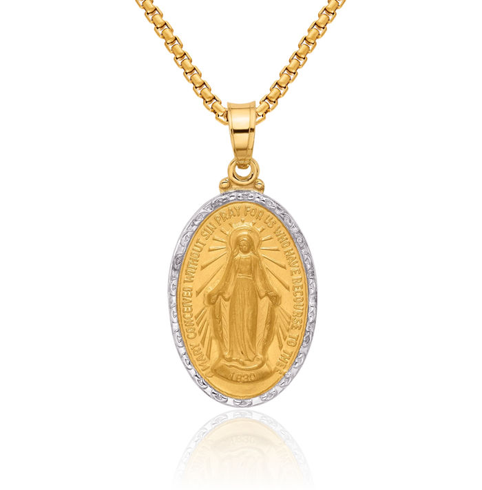 14K Solid Yellow Gold Our Lady of Miraculous Medal Blessed Virgin Mary Oval Necklace Chain Pendant Charm