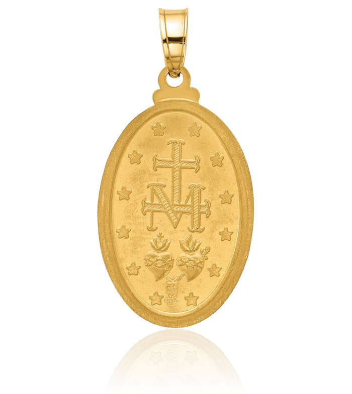 14K Solid Yellow Gold Our Lady of Miraculous Medal Blessed Virgin Mary Oval Necklace Chain Pendant Charm