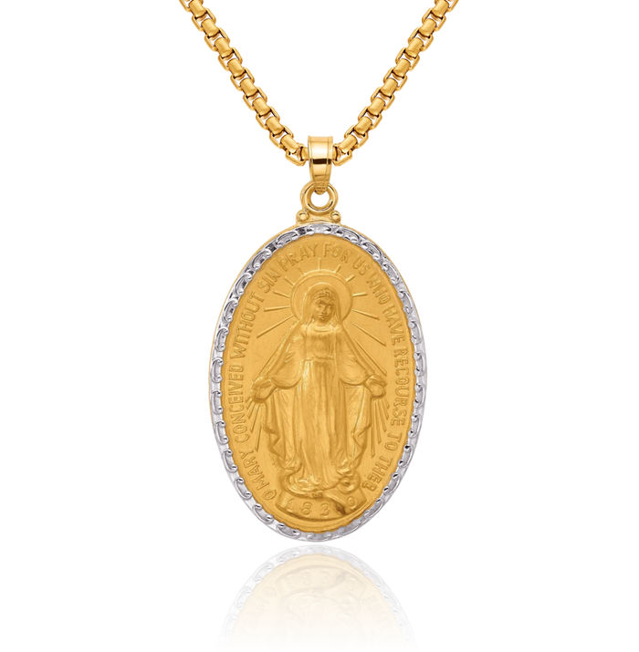 14K Solid Yellow Gold Our Lady of Miraculous Medal Blessed Virgin Mary Oval Necklace Chain Pendant Charm