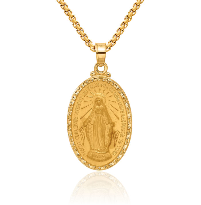 14K Solid Yellow Gold Our Lady of Miraculous Medal Blessed Virgin Mary Oval Necklace Chain Pendant Charm