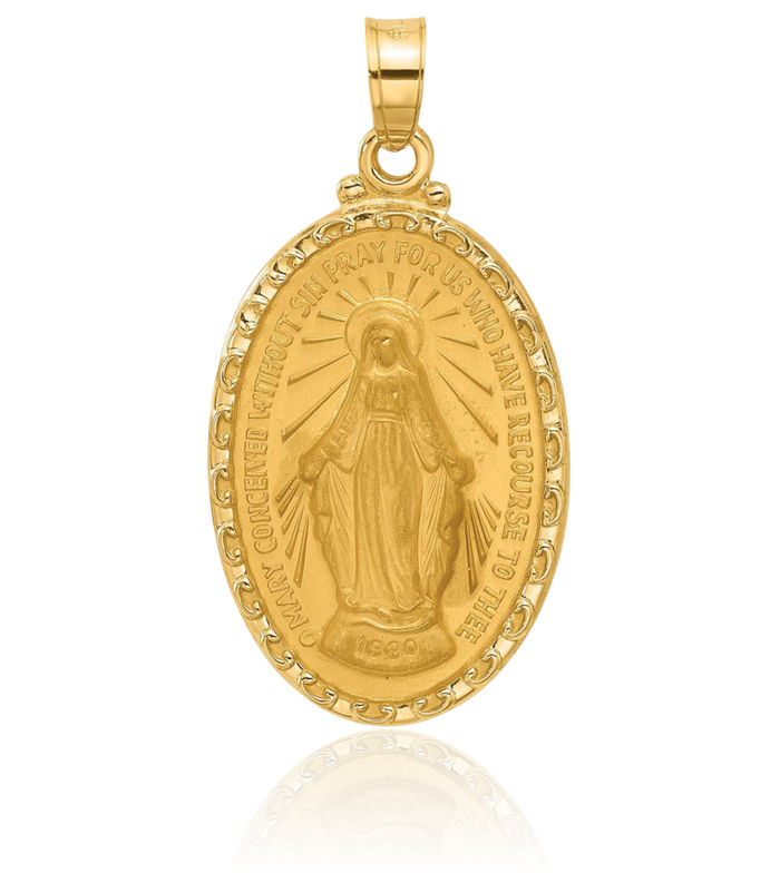 14K Solid Yellow Gold Our Lady of Miraculous Medal Blessed Virgin Mary Oval Necklace Chain Pendant Charm