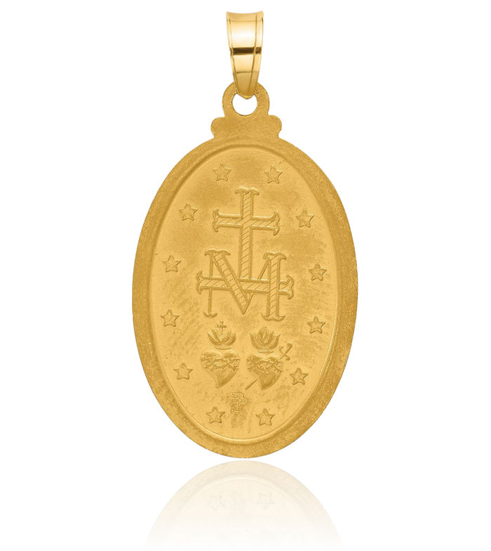 14K Solid Yellow Gold Our Lady of Miraculous Medal Blessed Virgin Mary Oval Necklace Chain Pendant Charm