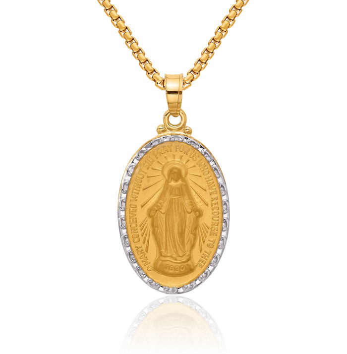 14K Solid Yellow Gold Our Lady of Miraculous Medal Blessed Virgin Mary Oval Necklace Chain Pendant Charm